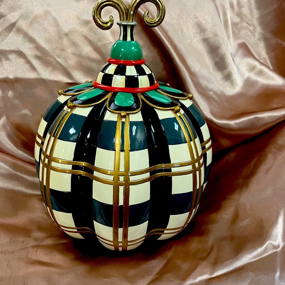 MacKenzie Childs Black and White Checkered Pumpkin with Gold Accents